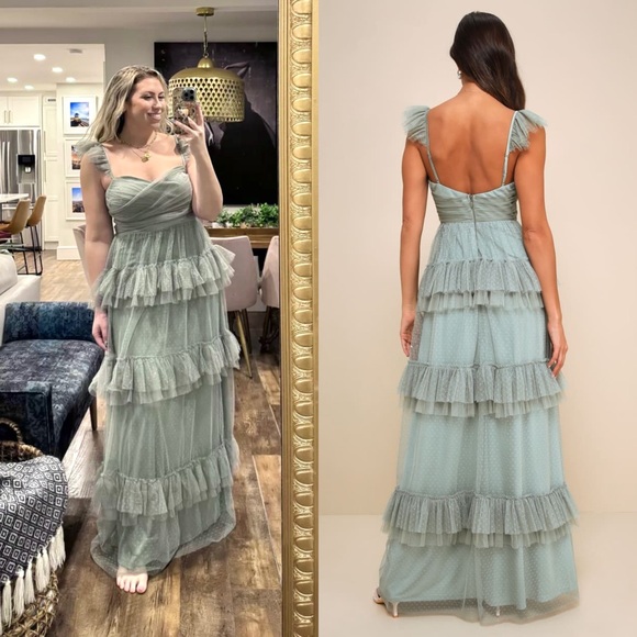 LULUS Swiss Dot Tulle Ruffle Tier Sweetheart Neck Sleeveless Cottagecore‎ Gown S - Picture 3 of 7